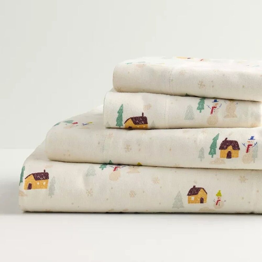 NEW Cuddl Duds King Heavyweight Cotton Flannel Sheet Set Scenic Snowmen